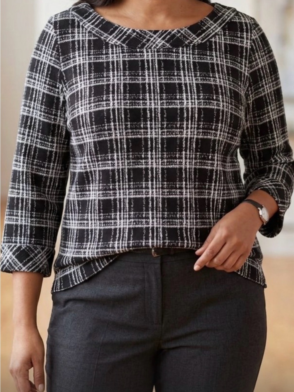 Talbots Tweed Glen Plaid Boatneck Top 3/4 Sleeve Printed Stretch Fabric XL